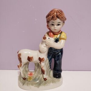 Farmer Country Boy w/ Sheep Lamb Porcelain Figurine  ( 6" × 3.5")